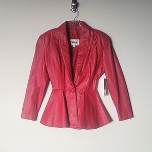 NWT Vintage Womens 80s Red Leather Peplum CHIA Fitted Sexy Cinch Jacket Coat XS